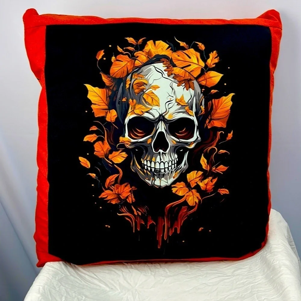 Homemade brand new accent T-shirt pillow. Black and orange autumn skull.